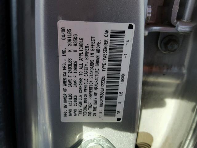 1HGCP26888A122324 - 2008 HONDA ACCORD EXL SILVER photo 10