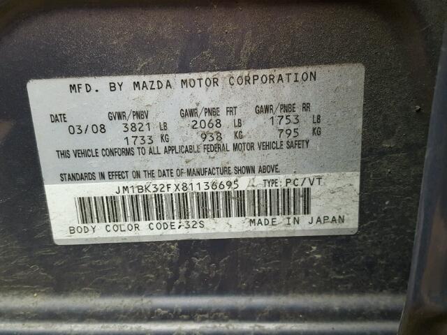 JM1BK32FX81136695 - 2008 MAZDA 3 I GRAY photo 10