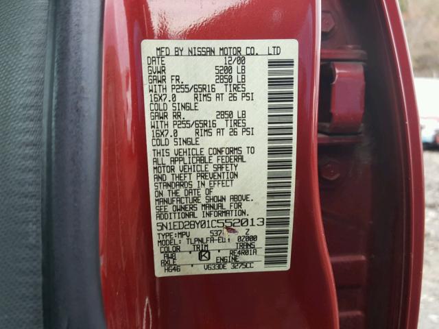 5N1ED28Y01C552013 - 2001 NISSAN XTERRA XE RED photo 10