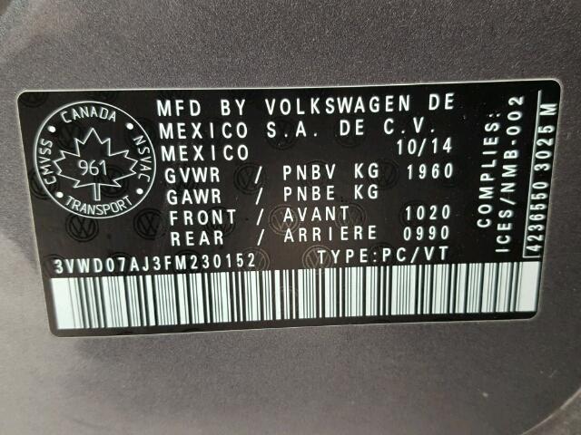 3VWD07AJ3FM230152 - 2015 VOLKSWAGEN JETTA SE GRAY photo 10