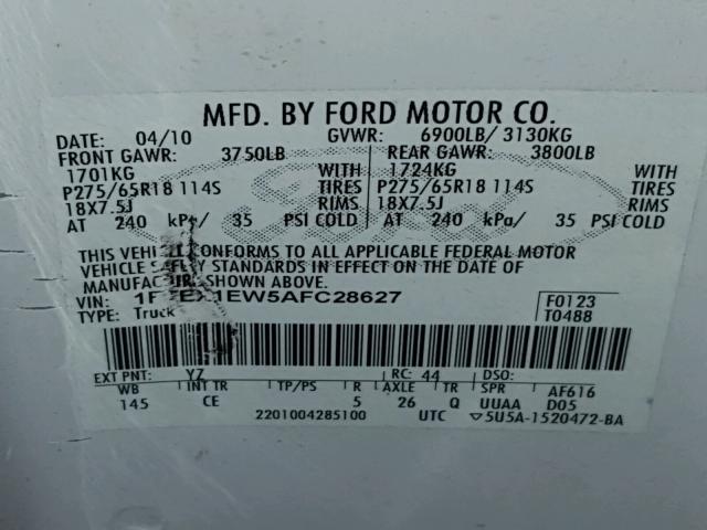 1FTEX1EW5AFC28627 - 2010 FORD F150 SUPER WHITE photo 10