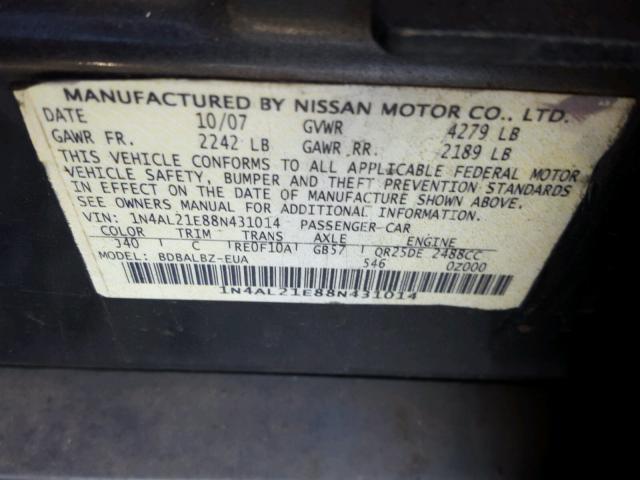 1N4AL21E88N431014 - 2008 NISSAN ALTIMA 2.5 BLUE photo 10