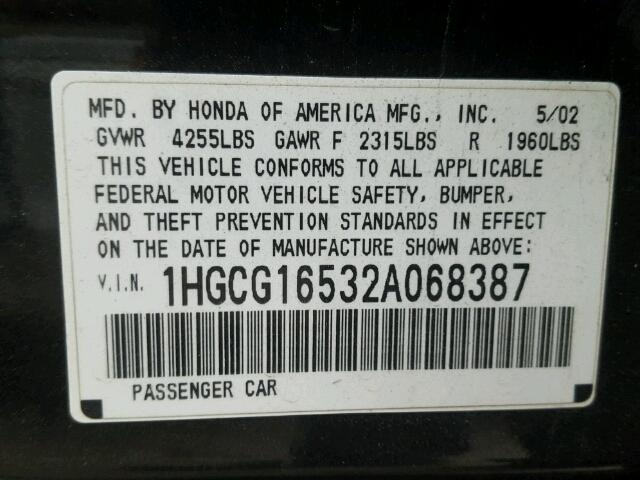 1HGCG16532A068387 - 2002 HONDA ACCORD EX BLACK photo 10