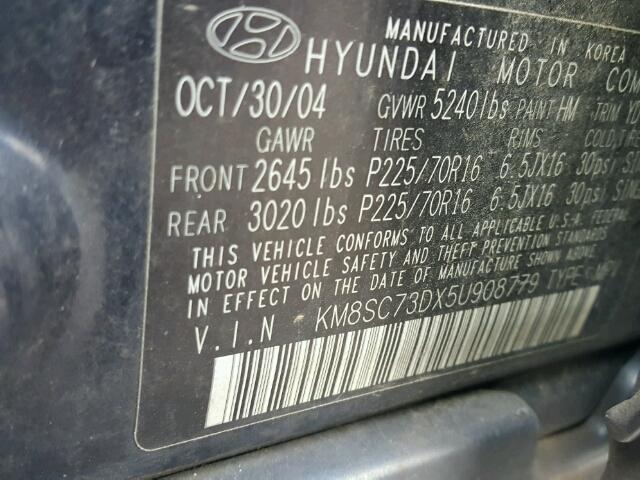 KM8SC73DX5U908779 - 2005 HYUNDAI SANTA FE G BLUE photo 10