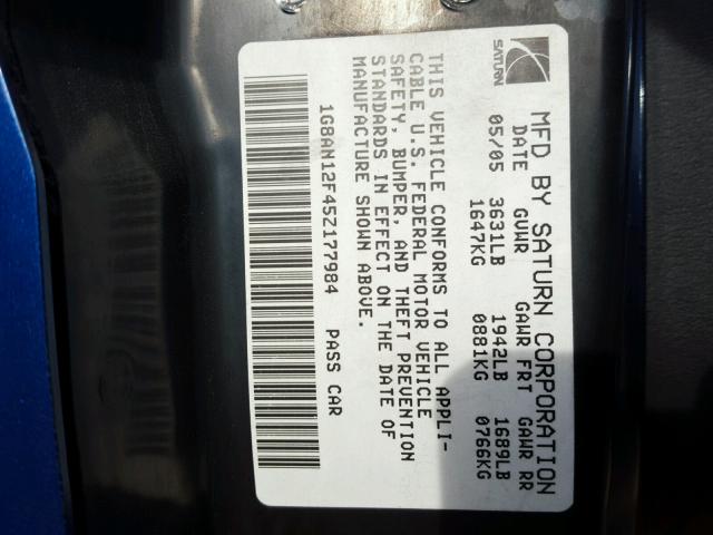 1G8AN12F45Z177984 - 2005 SATURN ION LEVEL BLUE photo 10