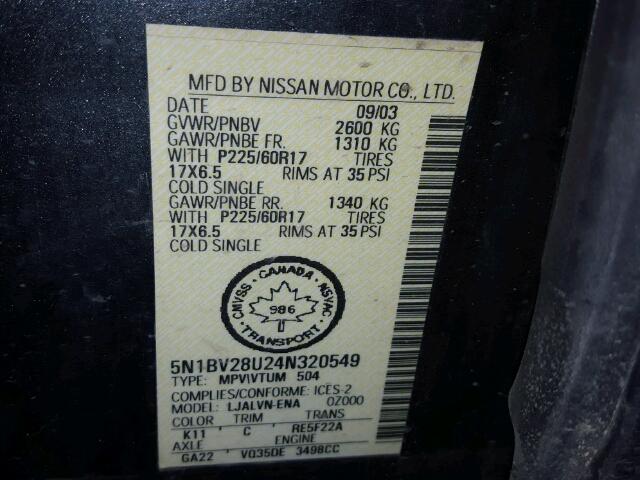 5N1BV28U24N320549 - 2004 NISSAN QUEST S GRAY photo 10