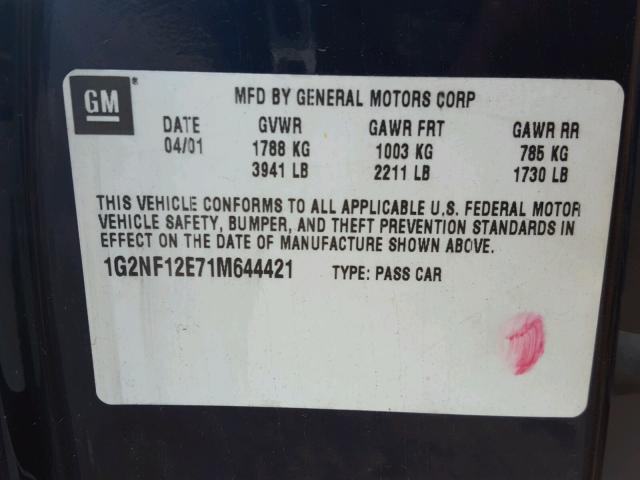 1G2NF12E71M644421 - 2001 PONTIAC GRAND AM S ლურჯი ფოტო 10