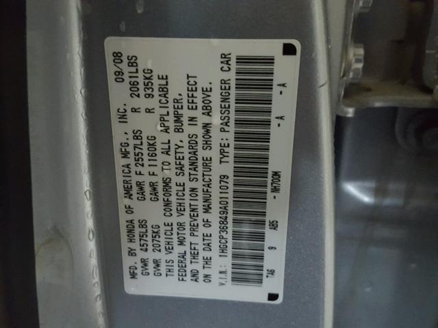 1HGCP36849A011079 - 2009 HONDA ACCORD EXL GRAY photo 10