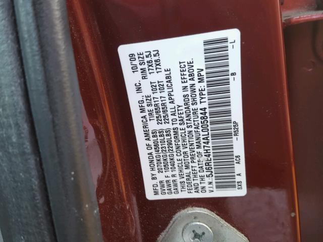 5J6RE4H74AL005844 - 2010 HONDA CR-V EXL RED photo 10