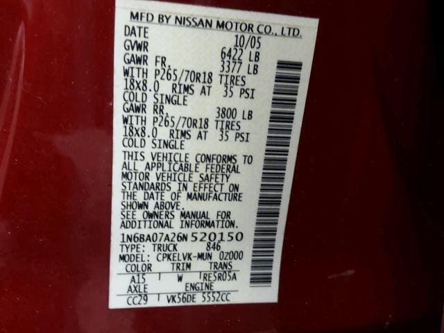 1N6BA07A26N520150 - 2006 NISSAN TITAN XE BURGUNDY photo 10