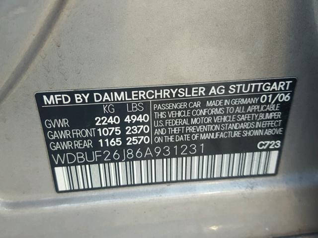 WDBUF26J86A931231 - 2006 MERCEDES-BENZ E 320 CDI SILVER photo 10