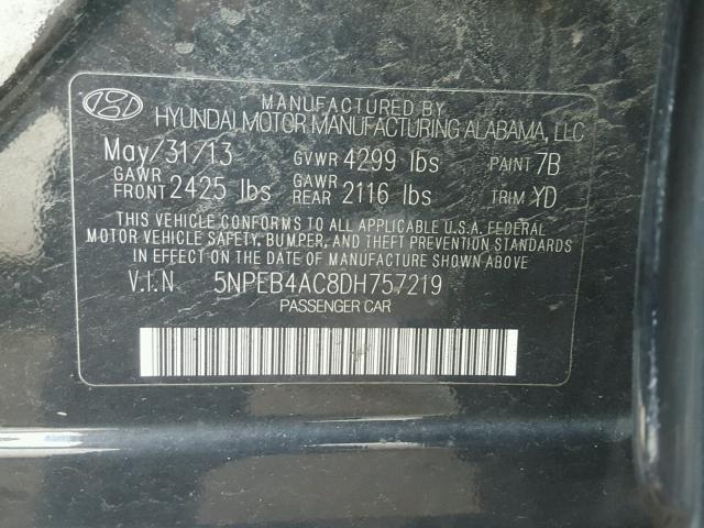 5NPEB4AC8DH757219 - 2013 HYUNDAI SONATA GLS BLACK photo 10