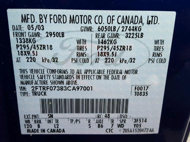 2FTRF07383CA97001 - 2003 FORD F150 SVT L BLUE photo 10