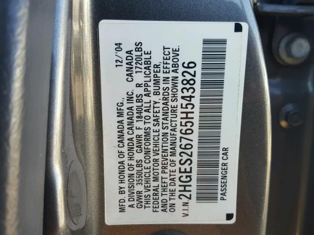 2HGES26765H543826 - 2005 HONDA CIVIC EX CHARCOAL photo 10