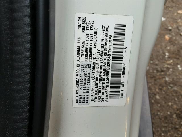 5FNRL5H68FB029549 - 2015 HONDA ODYSSEY EX WHITE photo 10