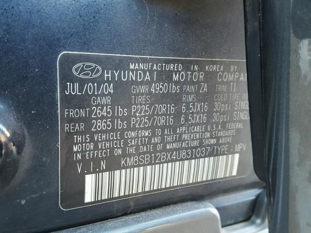 KM8SB12BX4U831037 - 2004 HYUNDAI SANTA FE G BLUE photo 10