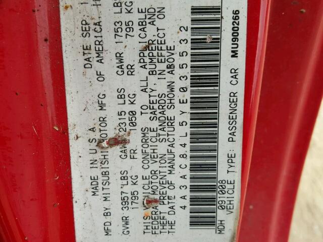 4A3AC84L5YE035532 - 2000 MITSUBISHI ECLIPSE GT RED photo 10