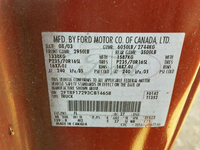 2FTRF17293CB14658 - 2003 FORD F150 RED photo 10