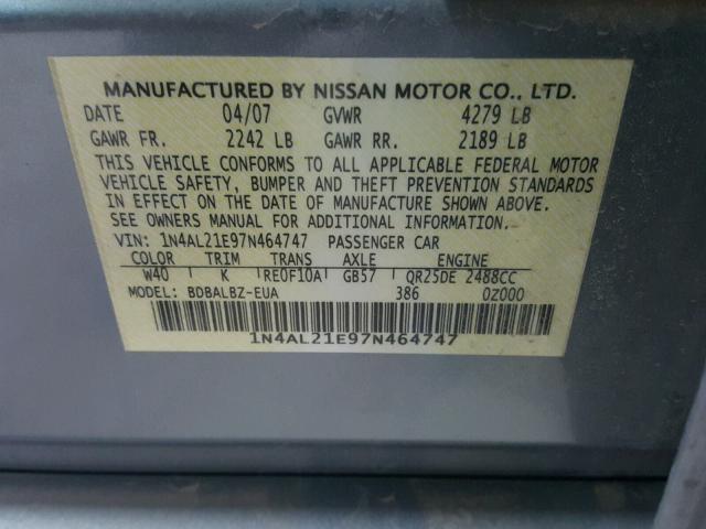 1N4AL21E97N464747 - 2007 NISSAN ALTIMA 2.5 BLUE photo 10