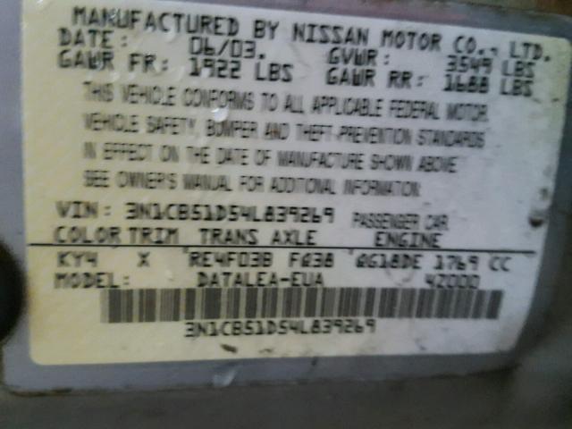 3N1CB51D54L839269 - 2004 NISSAN SENTRA 1.8 SILVER photo 10