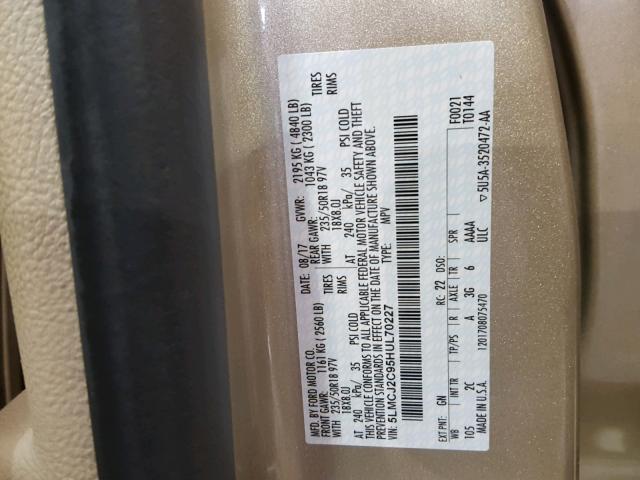 5LMCJ2C95HUL70227 - 2017 LINCOLN MKC SELECT 金色 照片 10