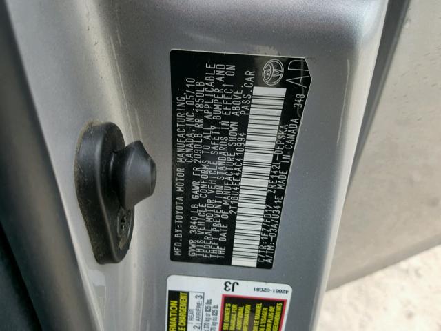 2T1BU4EE4AC410994 - 2010 TOYOTA COROLLA BA SILVER photo 10