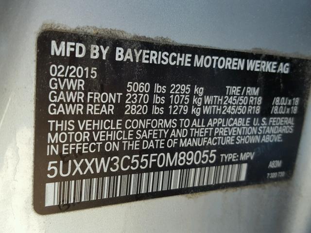 5UXXW3C55F0M89055 - 2015 BMW X4 XDRIVE2 SILVER photo 10