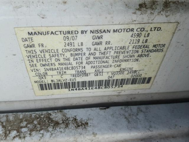 1N4BA41E48C805734 - 2008 NISSAN MAXIMA SE WHITE photo 10