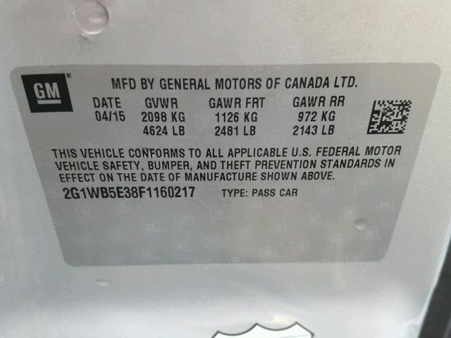 2G1WB5E38F1160217 - 2015 CHEVROLET IMPALA LIM SILVER photo 10