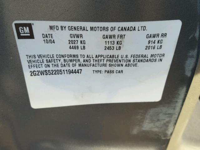 2G2WS522051194447 - 2005 PONTIAC GRAND PRIX ნაცრისფერი ფოტო 10