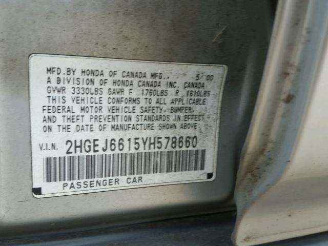 2HGEJ6615YH578660 - 2000 HONDA CIVIC BASE 银色 照片 10