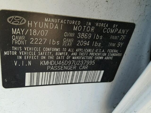 KMHDU46D97U237995 - 2007 HYUNDAI ELANTRA GL WHITE photo 10