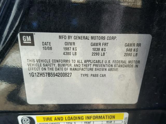 1G1ZH57B594200827 - 2009 CHEVROLET MALIBU 1LT BLACK photo 10