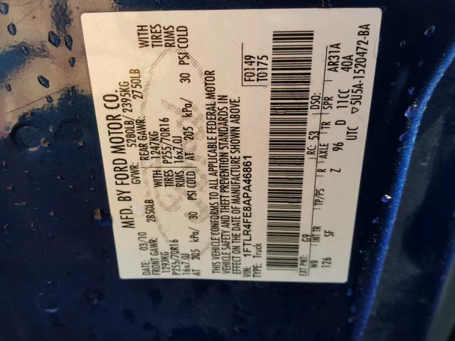 1FTLR4FE8APA46861 - 2010 FORD RANGER SUP BLUE photo 10