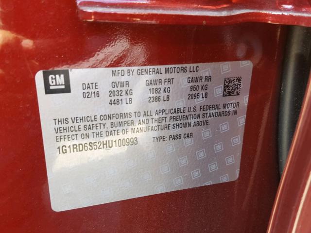 1G1RD6S52HU100993 - 2017 CHEVROLET VOLT PREMI RED photo 10