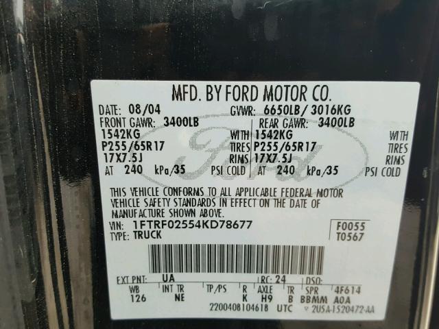 1FTRF02554KD78677 - 2004 FORD F150 BLACK photo 10