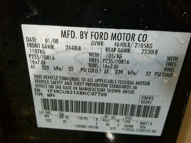 1FMCU931X8KC97705 - 2008 FORD ESCAPE XLT BLACK photo 10