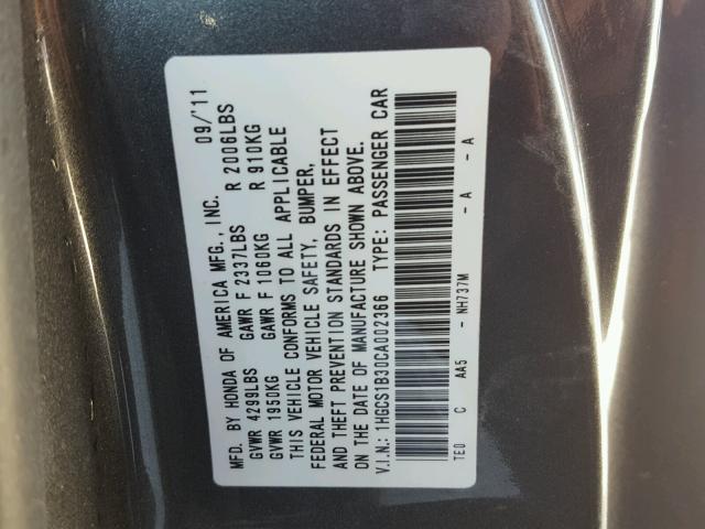 1HGCS1B30CA002366 - 2012 HONDA ACCORD LX SILVER photo 10