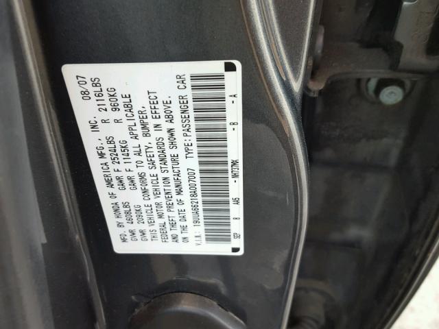 19UUA66218A007007 - 2008 ACURA TL CHARCOAL photo 10