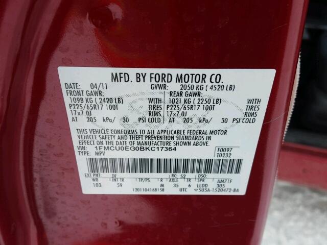 1FMCU0EG0BKC17364 - 2011 FORD ESCAPE LIM RED photo 10