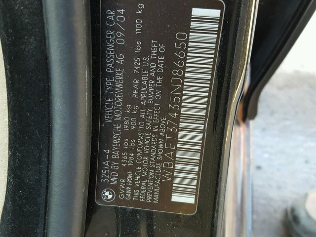 WBAET37435NJ86650 - 2005 BMW 325 I BLACK photo 10