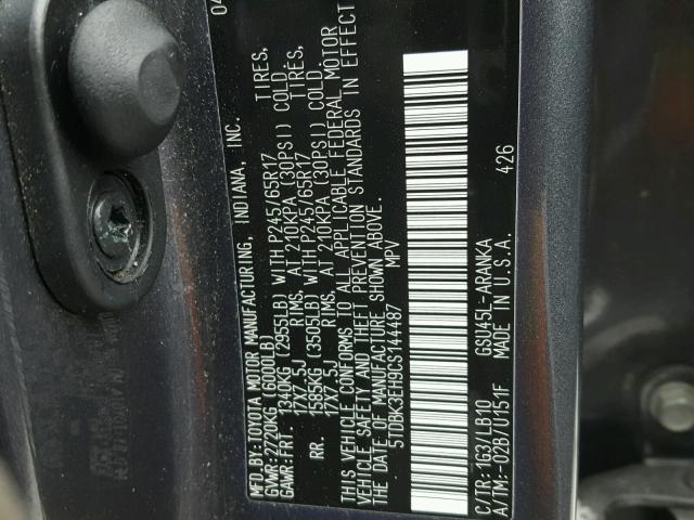 5TDBK3EH9CS144487 - 2012 TOYOTA HIGHLANDER GRAY photo 10