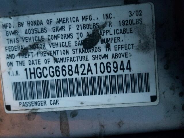 1HGCG66842A106944 - 2002 HONDA ACCORD EX GRAY photo 10