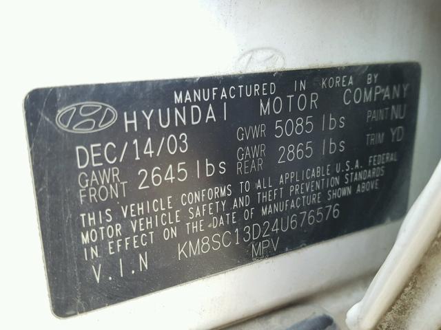 KM8SC13D24U676576 - 2004 HYUNDAI SANTA FE G WHITE photo 10