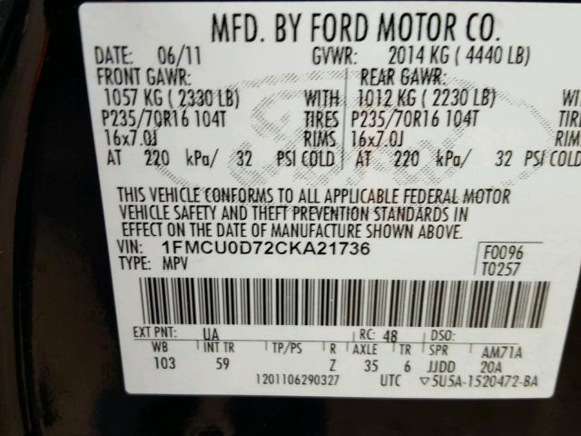 1FMCU0D72CKA21736 - 2012 FORD ESCAPE XLT BLACK photo 10