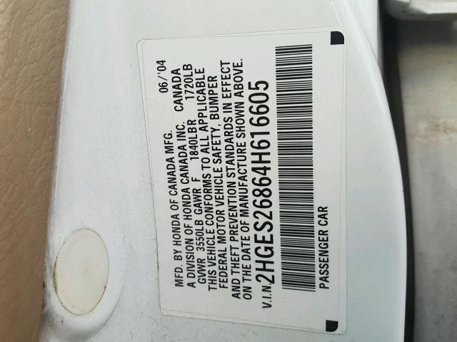 2HGES26864H616605 - 2004 HONDA CIVIC EX WHITE photo 10