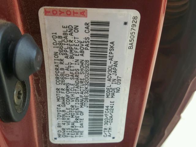 JTDBE32K320026928 - 2002 TOYOTA CAMRY LE RED photo 10