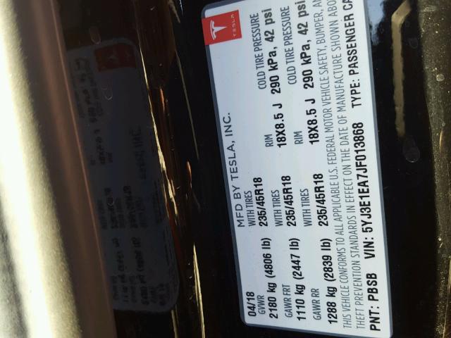 5YJ3E1EA7JF013868 - 2018 TESLA MODEL 3 შავი ფოტო 10