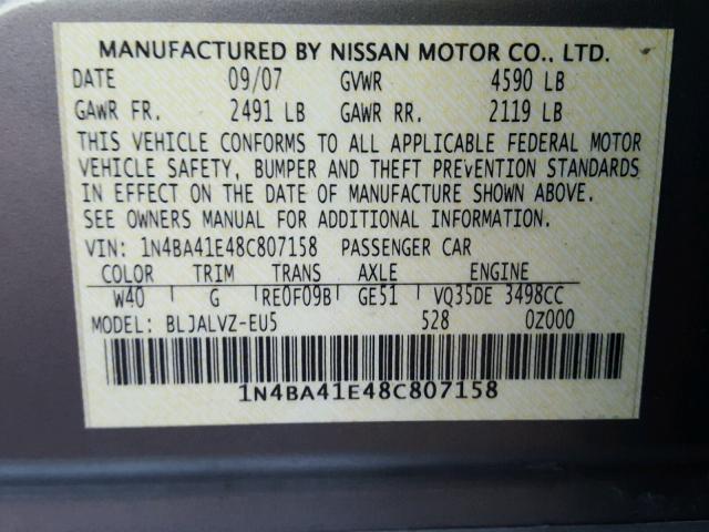 1N4BA41E48C807158 - 2008 NISSAN MAXIMA SE GRAY photo 10