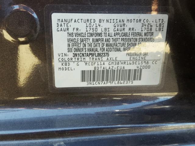 3N1CN7AP9FL862375 - 2015 NISSAN VERSA S CHARCOAL photo 10